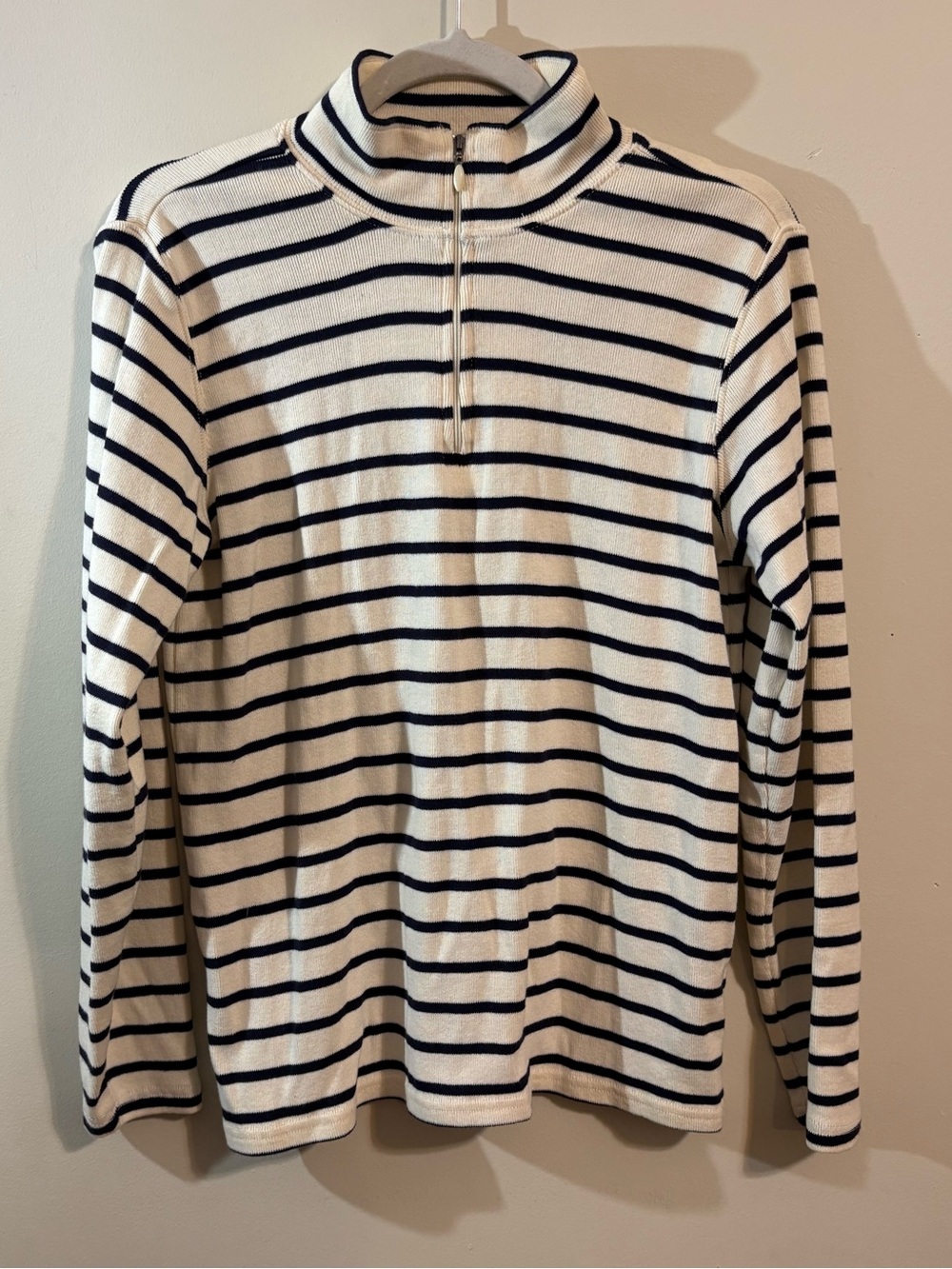 L.L.Bean 3/4 zip sweater high neck women’s large cream‎ black striped pullover
